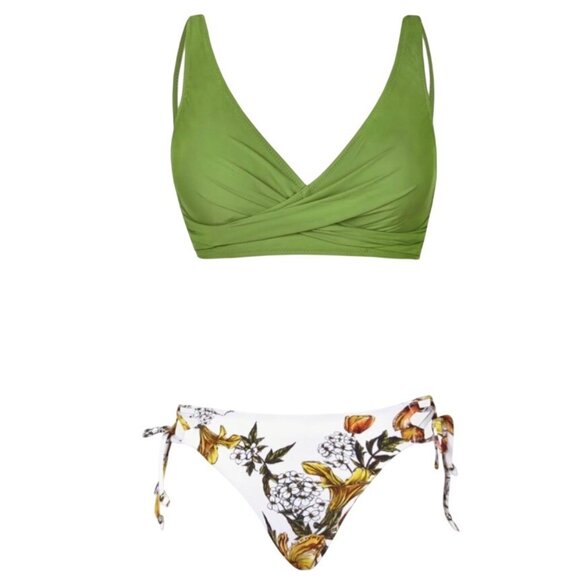 Cupshe Women XL 2 Piece Swimsuit Green Wrap Top Floral High Waist Bikini Lace Up - Picture 4 of 9
